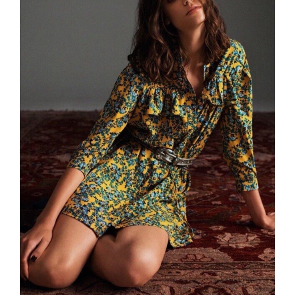 Topshop Yellow Paisley Ruffle Floral Mini Dress 6 Button Down Office Boho Chic